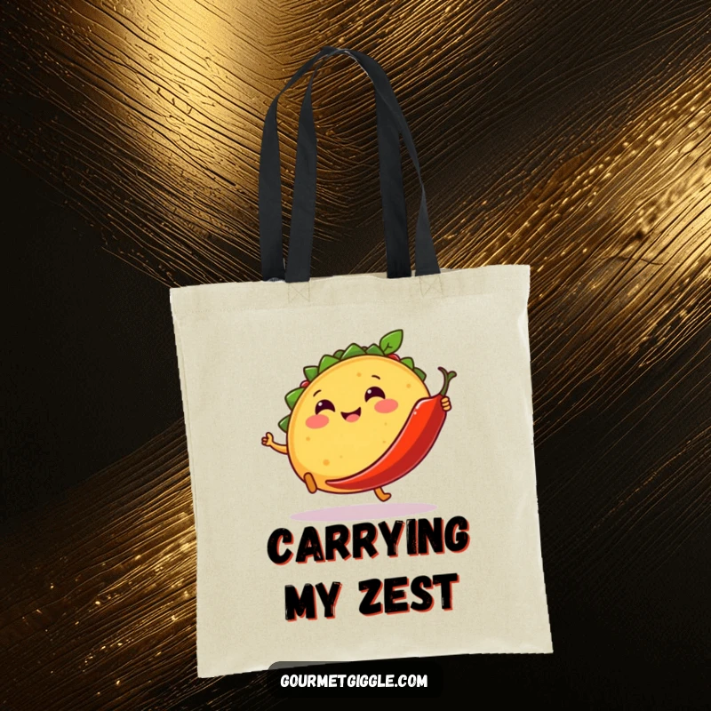 Funny tote bag with a smiling taco kicking a dancing chili pepper, perfect for carrying items with playful food humor and fiesta style.