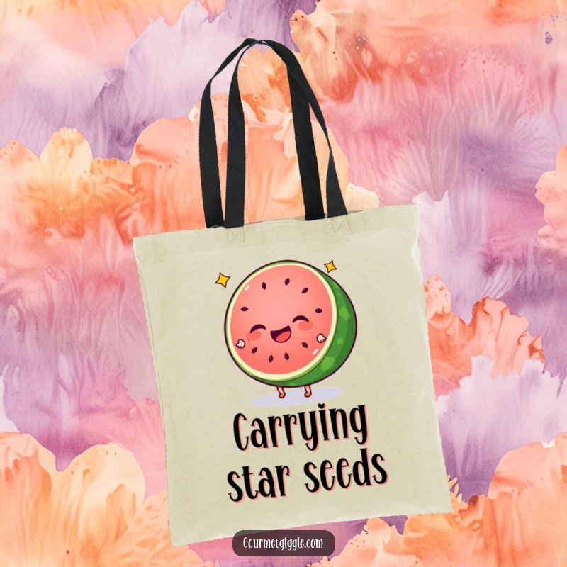 Funny watermelon tote bag with a giggling slice doing cartwheels, adorned with star seeds. A practical and cheerful item for errands.