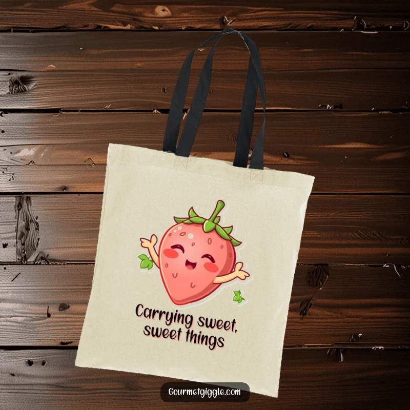 Smiling strawberry wiggling its leaves like arms, perfect for carrying essentials with humorous sweetness on a tote bag.