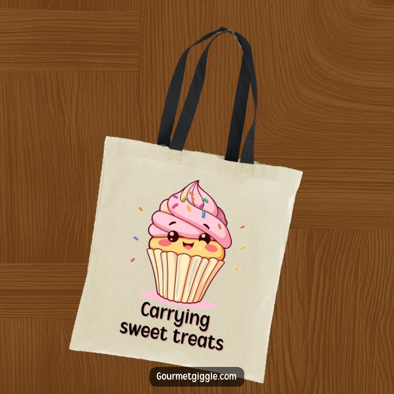 Funny cupcake character tote bag, a giggling, bobbing cupcake with bouncing sprinkles, perfect for carrying goodies humorously.
