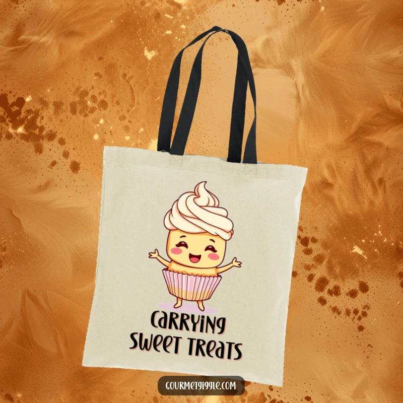 Funny cupcake tote bag adorned with a cheerful cupcake with frosting hair, happily doing a little jig.