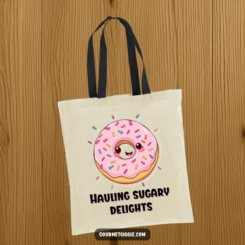 Funny tote bag showcasing a gleeful donut in a happy spin, with sprinkles raining down, bringing sweet joy.