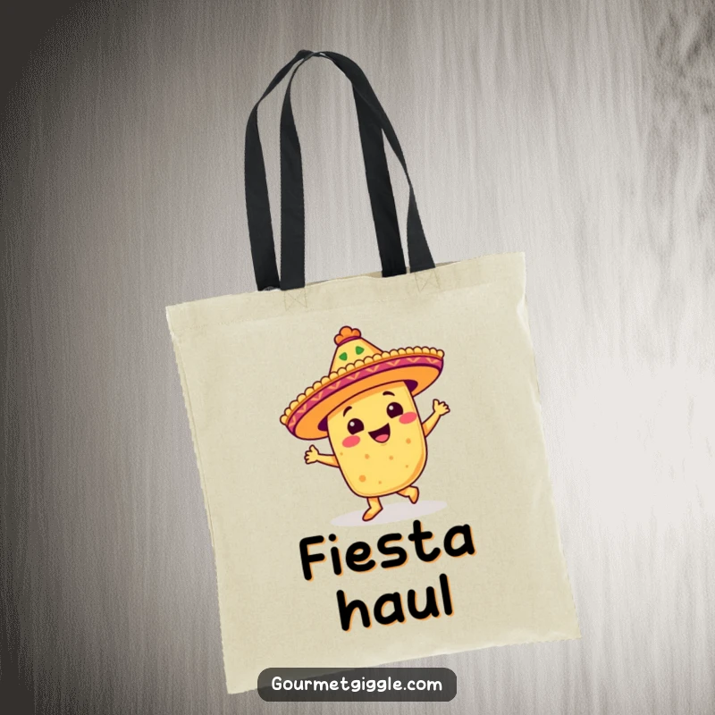 Funny tote bag featuring a beaming taco with a festive sombrero doing a salsa step, ideal for shopping and fiestas.