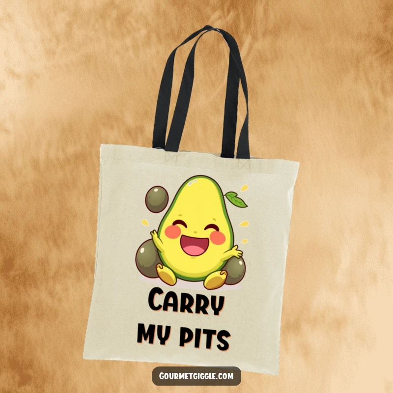Funny Tote Bag featuring a beaming avocado juggling pits, perfect for farmers market trips and daily essentials.