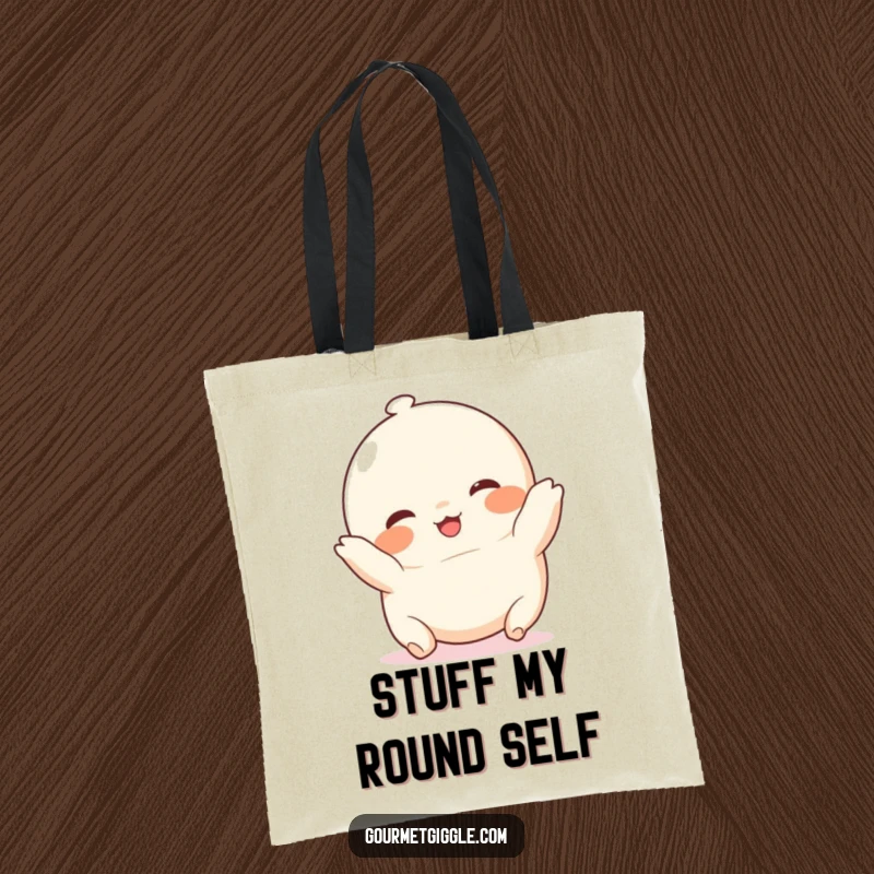 Funny chubby dumpling tote bag, a smiling, rosy-cheeked food character in a happy tumble, ready for daily adventures.