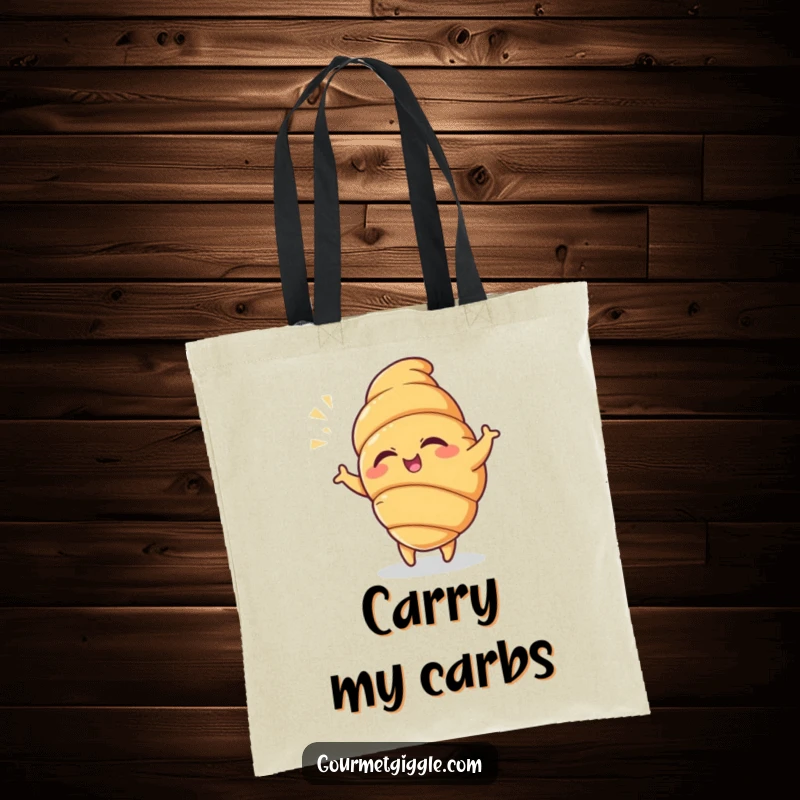Funny Croissant Tote Bag showcasing a winking croissant in a playful dance with a flourish, perfect for carrying essentials with style.