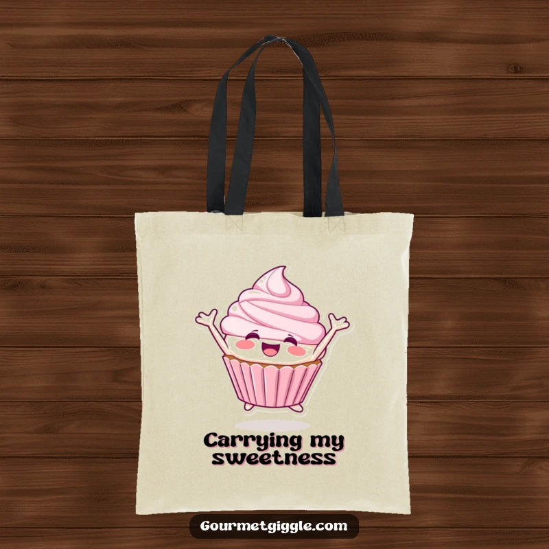 Funny Cupcake Tote Bag with a smiling cupcake character captured in a joyful leap.