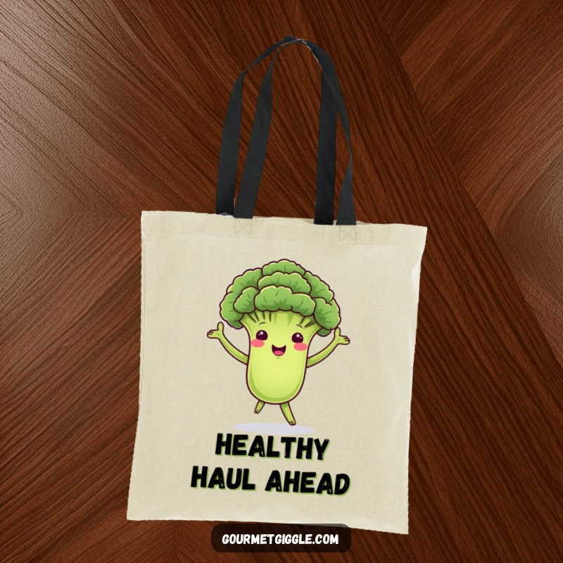 Funny tote bag showcasing a joyful, dancing broccoli floret with green arms, ideal for carrying daily necessities with a smile.