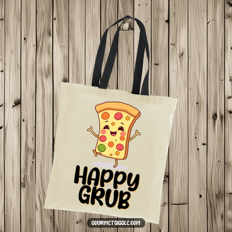 Funny tote bag featuring a smiling pizza slice with tiny legs dancing happily, great for shopping and food lovers.