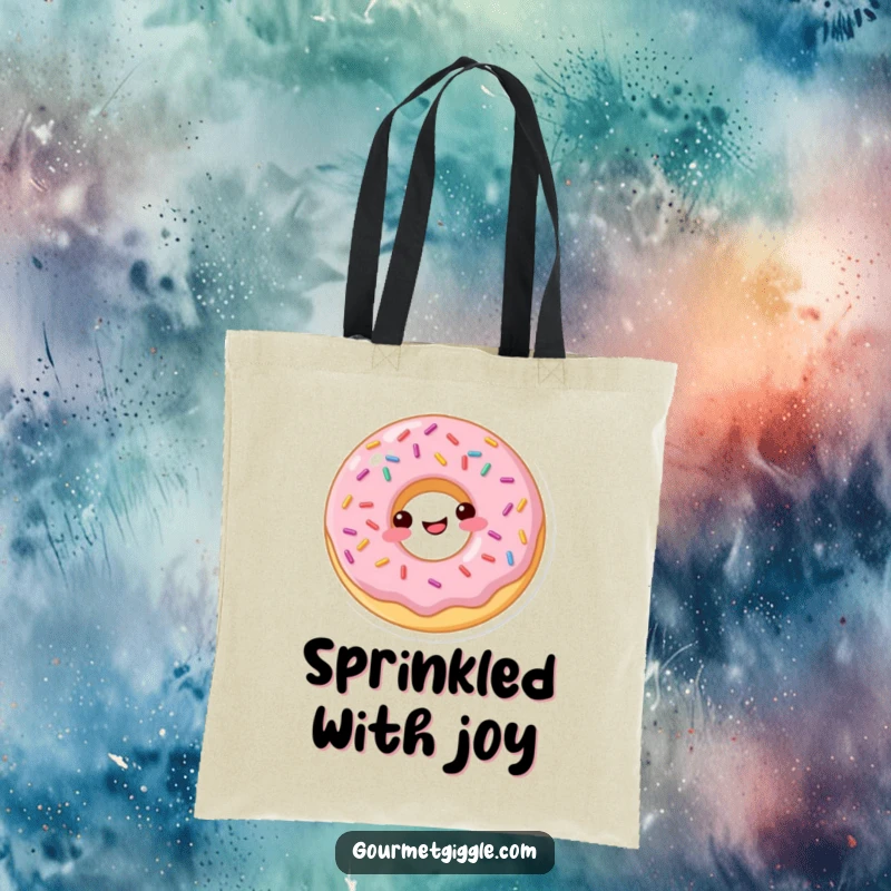 Funny donut tote bag with a happy, sprinkled donut bouncing playfully, great for daily use.