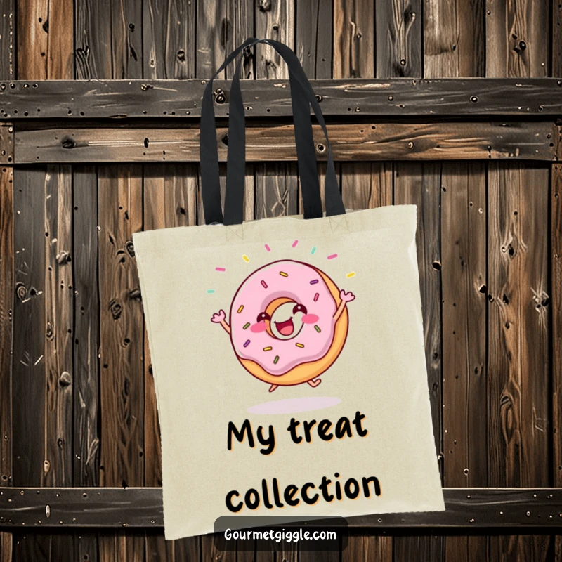 Funny donut tote bag featuring a gleeful donut doing a happy jig with abstract sprinkles flying around. Practical and cheerful.