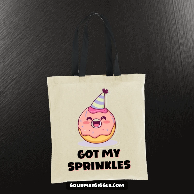 Funny delighted donut character wearing a tiny party hat on a tote bag, a cheerful and practical accessory, a great funny gift.