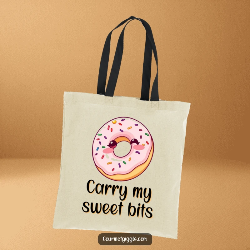 Funny Giggling Donut Tote Bag: A sturdy tote bag featuring a giggling donut with bouncing sprinkles, perfect for carrying essentials with a sweet, humorous touch.