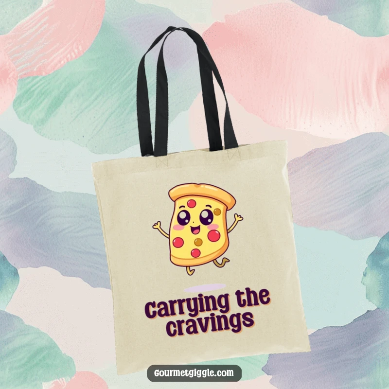 Funny tote bag showcasing a joyful, jumping pizza slice with legs, ideal for carrying groceries or daily necessities with a smile.