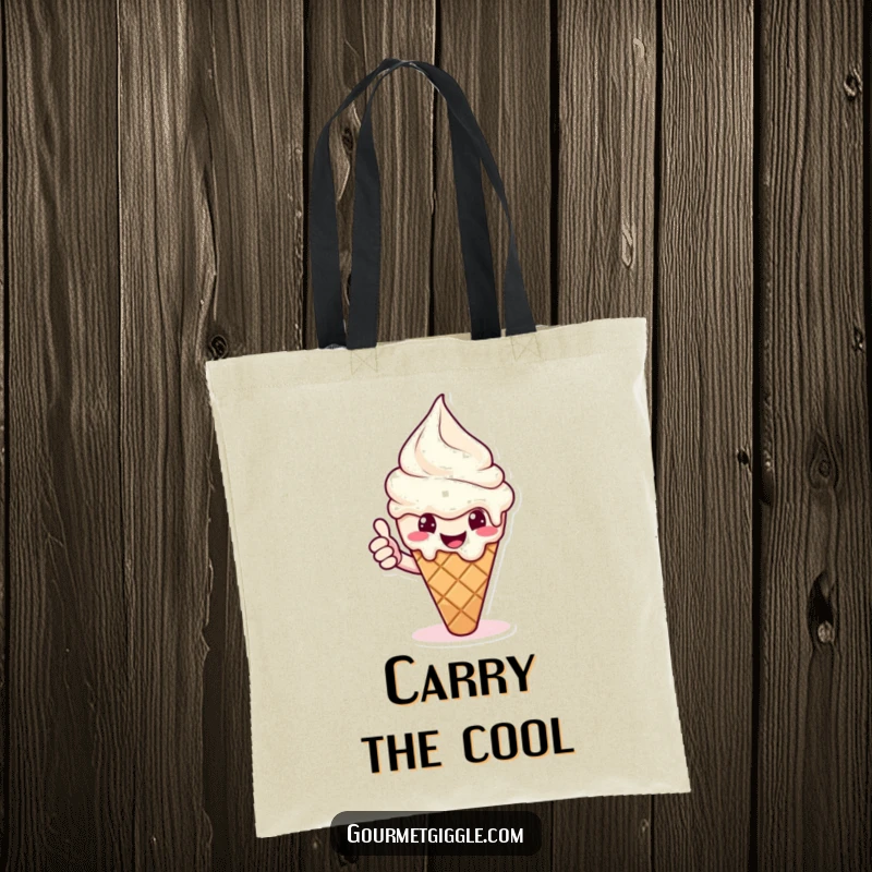 Funny ice cream tote bag featuring a melting cone giving a cheerful thumbs up. A sweet and practical accessory.