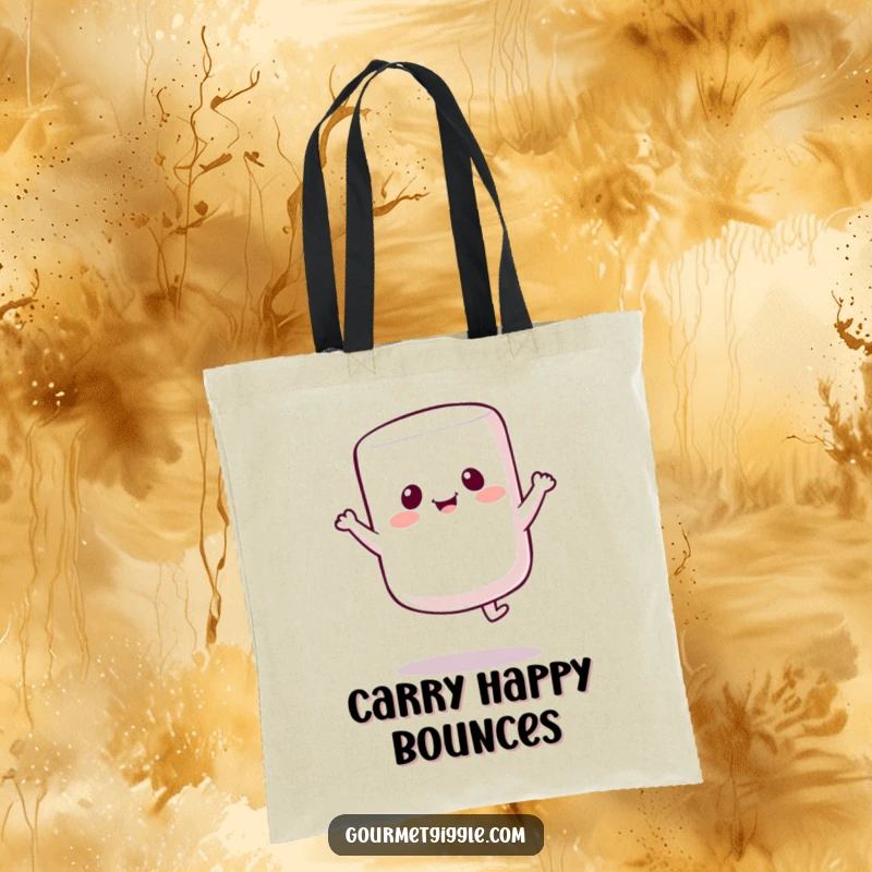 Funny Marshmallow Bounce Tote Bag: A happy marshmallow bounces, making this a humorous and functional accessory for carrying your daily items.