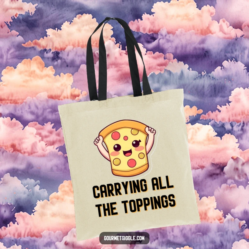 Funny pizza slice tote bag featuring a smiling pizza character with little arms raised, ready for any adventure. Durable and stylish.