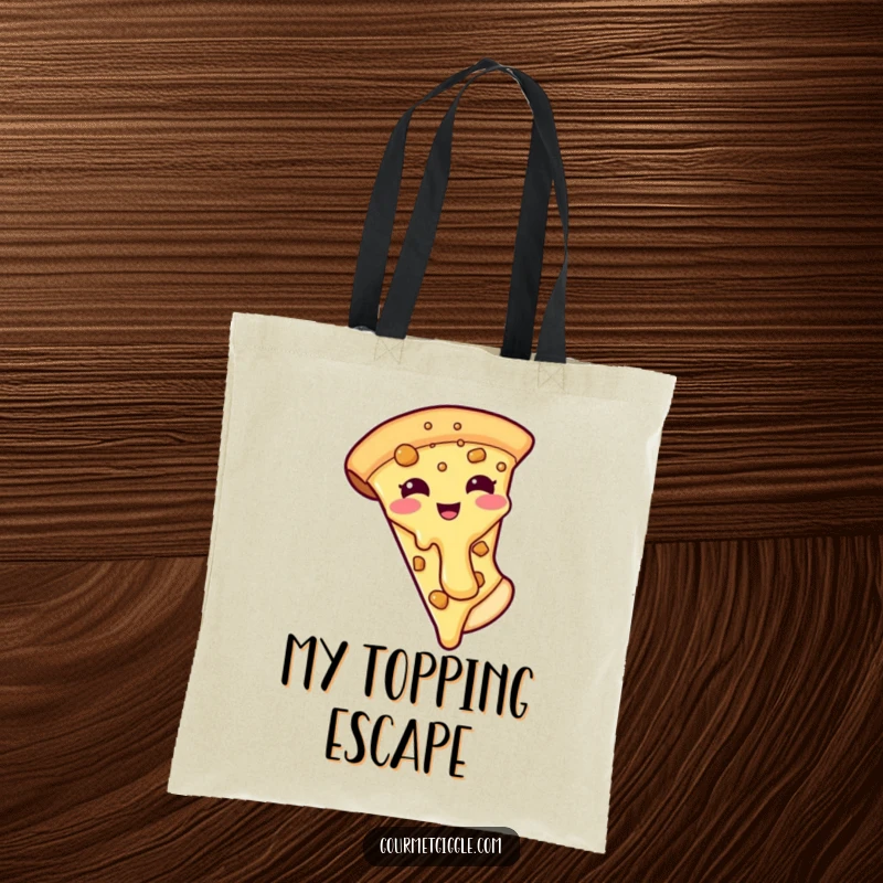 Funny tote bag with a smiling pizza slice character whose cheese topping is sliding off, a humorous and practical accessory.