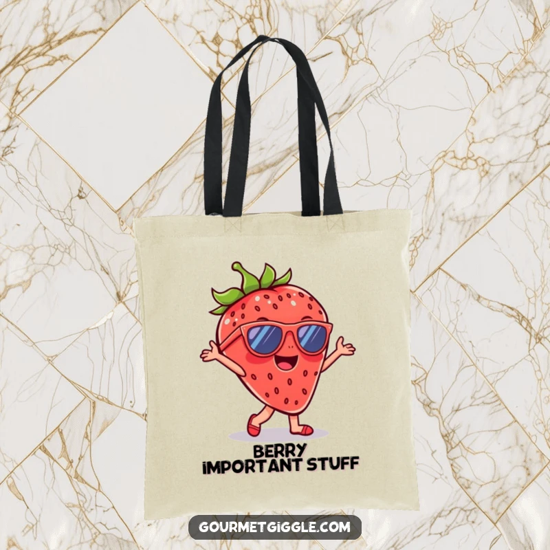 Funny Strawberry Sunglasses Tote Bag featuring a cheerful strawberry dancing with cool sunglasses, perfect for carrying essentials with flair.