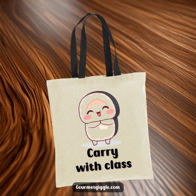Funny Tote Bag featuring a smiling sushi roll performing a graceful bow, perfect for carrying groceries or daily items.