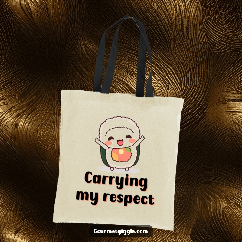 Funny sushi roll tote bag depicting a joyful character executing a charming, silly bow, perfect for shopping and daily use.