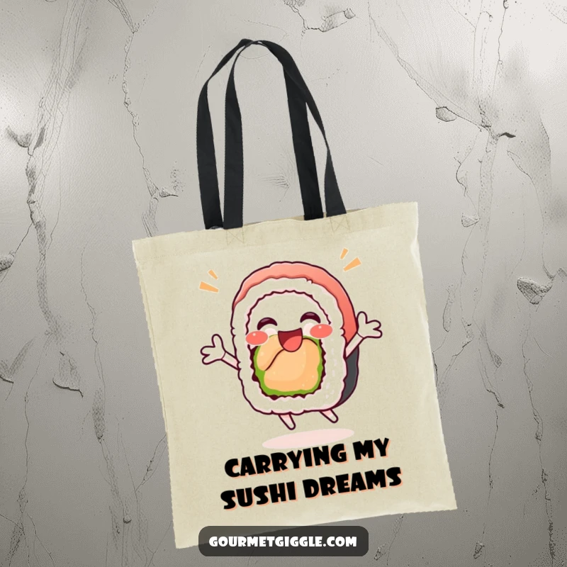 Funny sushi roll tote bag depicting a delighted, jumping sushi roll, a humorous and practical accessory for grocery or daily use.