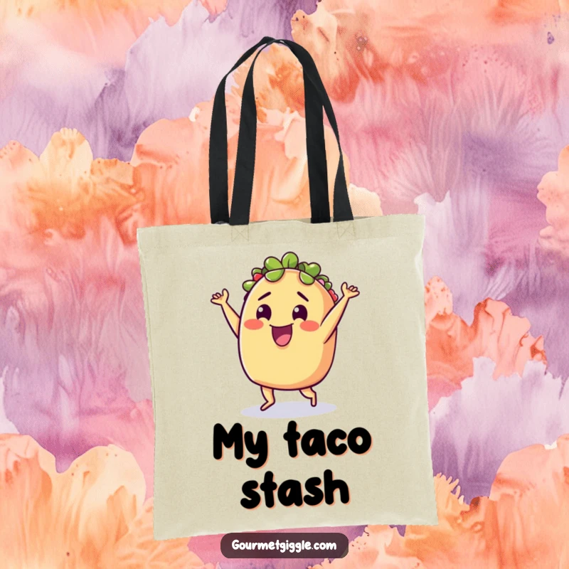 Funny Tote Bag: A delighted taco doing a silly little dance, perfect for carrying essentials with a festive, food-loving vibe.