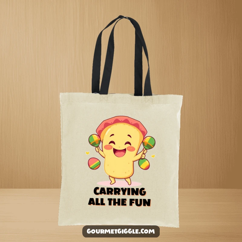 Funny taco tote bag featuring a smiling taco juggling three mini maracas with giddy excitement, practical and festive.
