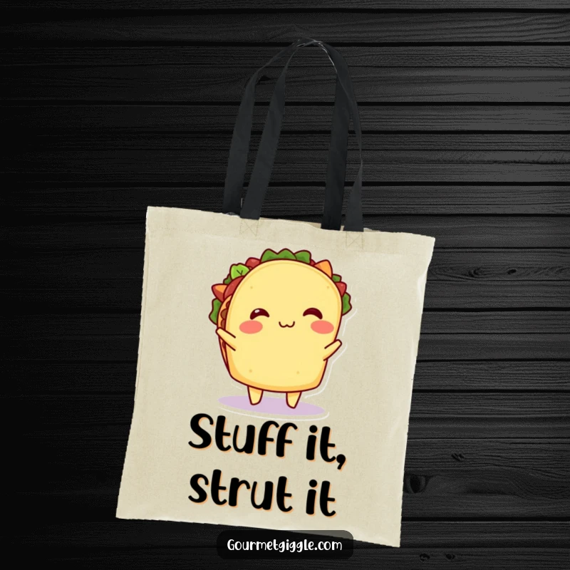 Funny Taco Tote Bag: A happy taco shimmying energetically, its filling bouncing with joy, perfect for carrying groceries with a humorous flair.
