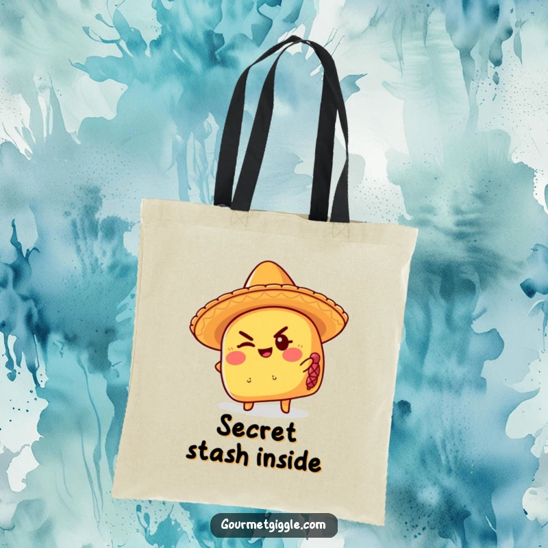 Funny taco tote bag wearing a sombrero, giving a mischievous wink, perfect for shopping and carrying humorous items.