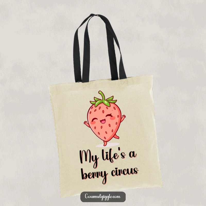 Funny winking strawberry twirl tote bag, durable and spacious, featuring a dancing fruit with a cheeky wink, perfect for shopping and daily use.