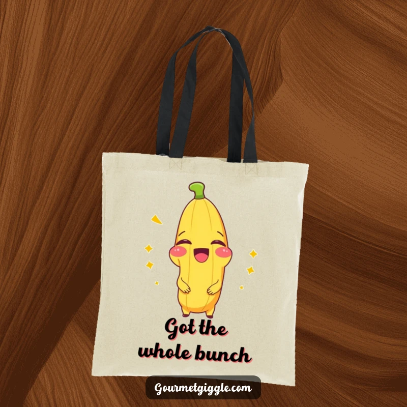 Funny tote bag with a beaming banana splitting with laughter, making errands a hilarious and stylish experience.