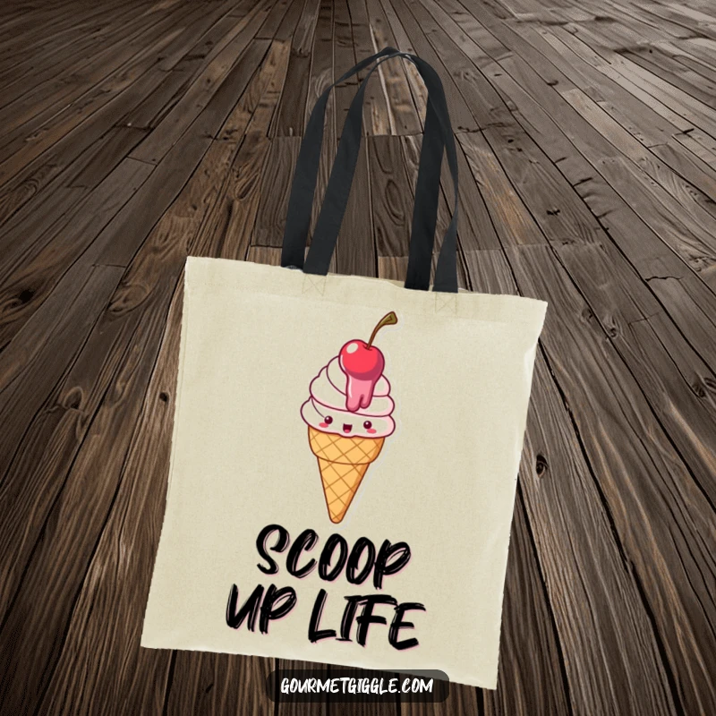 Funny Tote Bag featuring a delighted, melting ice cream cone with a cherry on top, perfect for carrying essentials.