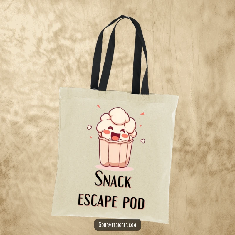 Funny popcorn kernel tote bag showing an excited character bursting from a bag, great for carrying movie snacks and essentials.