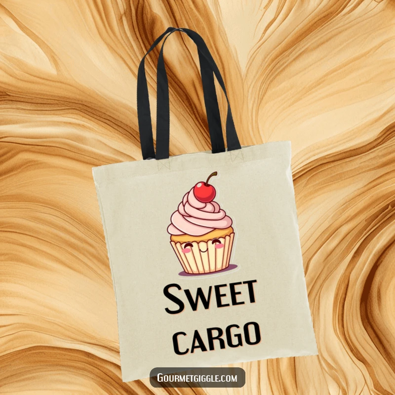 Funny tote bag featuring a cheerful cupcake with frosting swirls and a cherry tipping its hat, ideal for shopping.